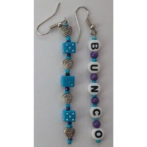 Bunco Earrings Handmade Original Design Blue Dice Silver Hearts Bunco Lover Gift